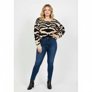 Tribal Women Tan Black Tiger Animal Print Lurex Knit Sweater XL